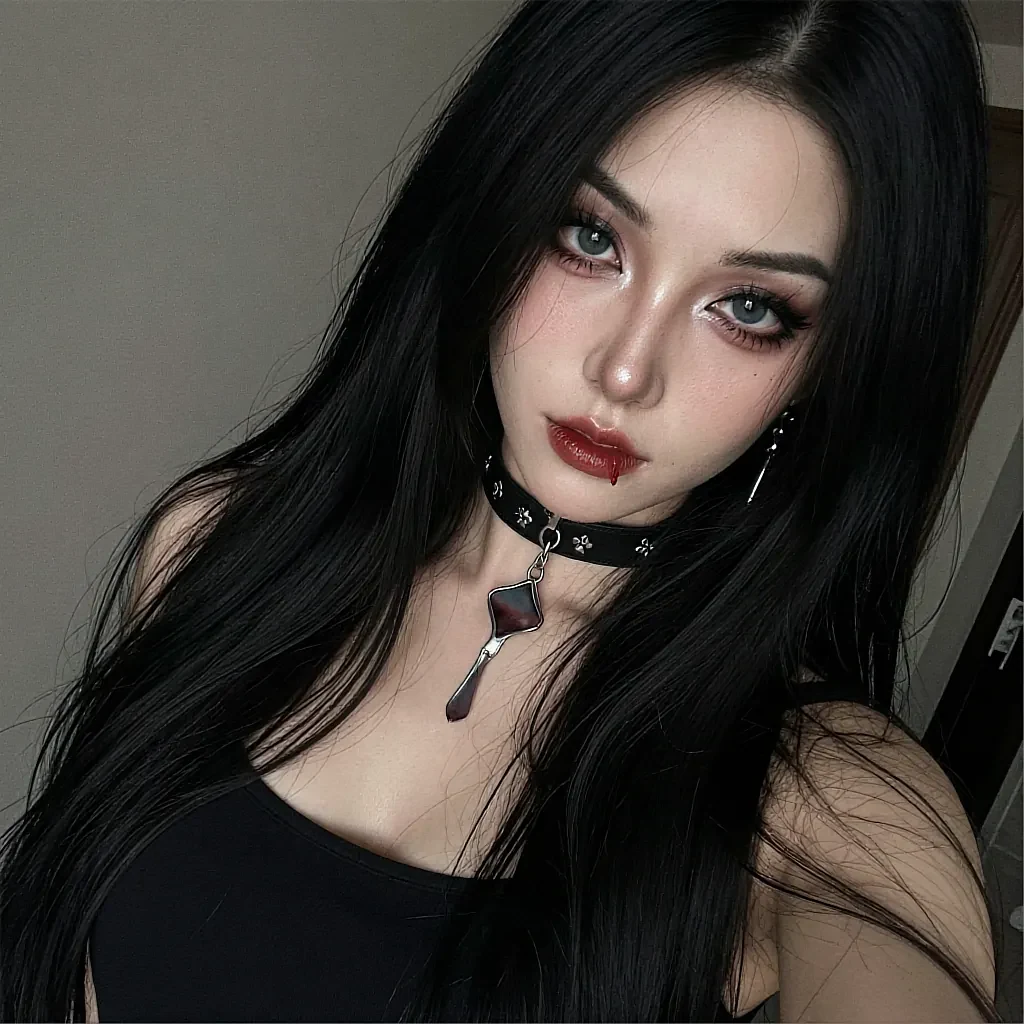 Gothic-styled companion with blue-green eyes and a black pendant choker, red lipstick