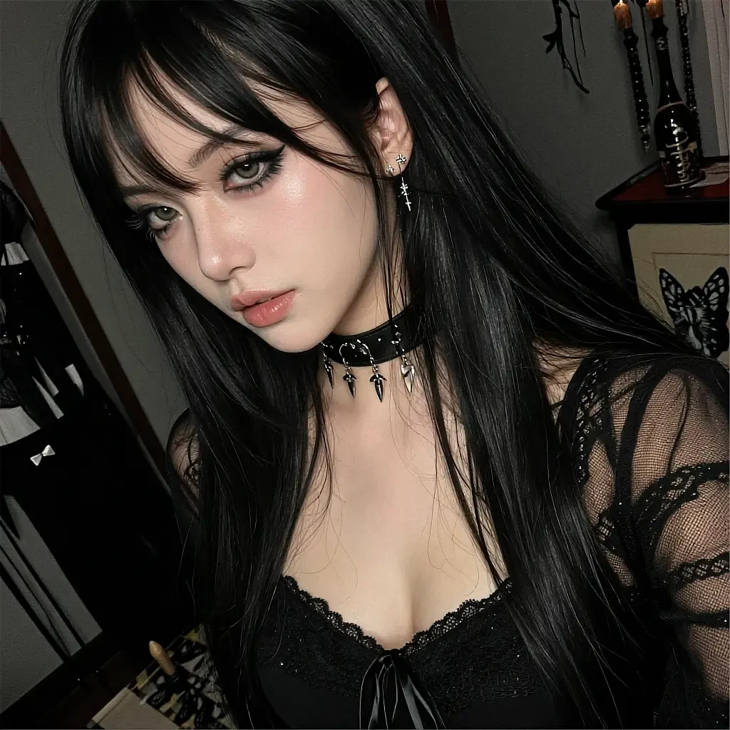 Companion with bangs and a spike-charm choker in a black lace top, dark room with candles behind