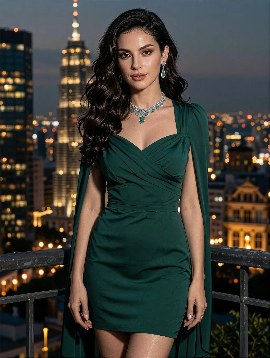Companion in an emerald wrap dress with matching jewelry on a rooftop overlooking a city skyline at night
