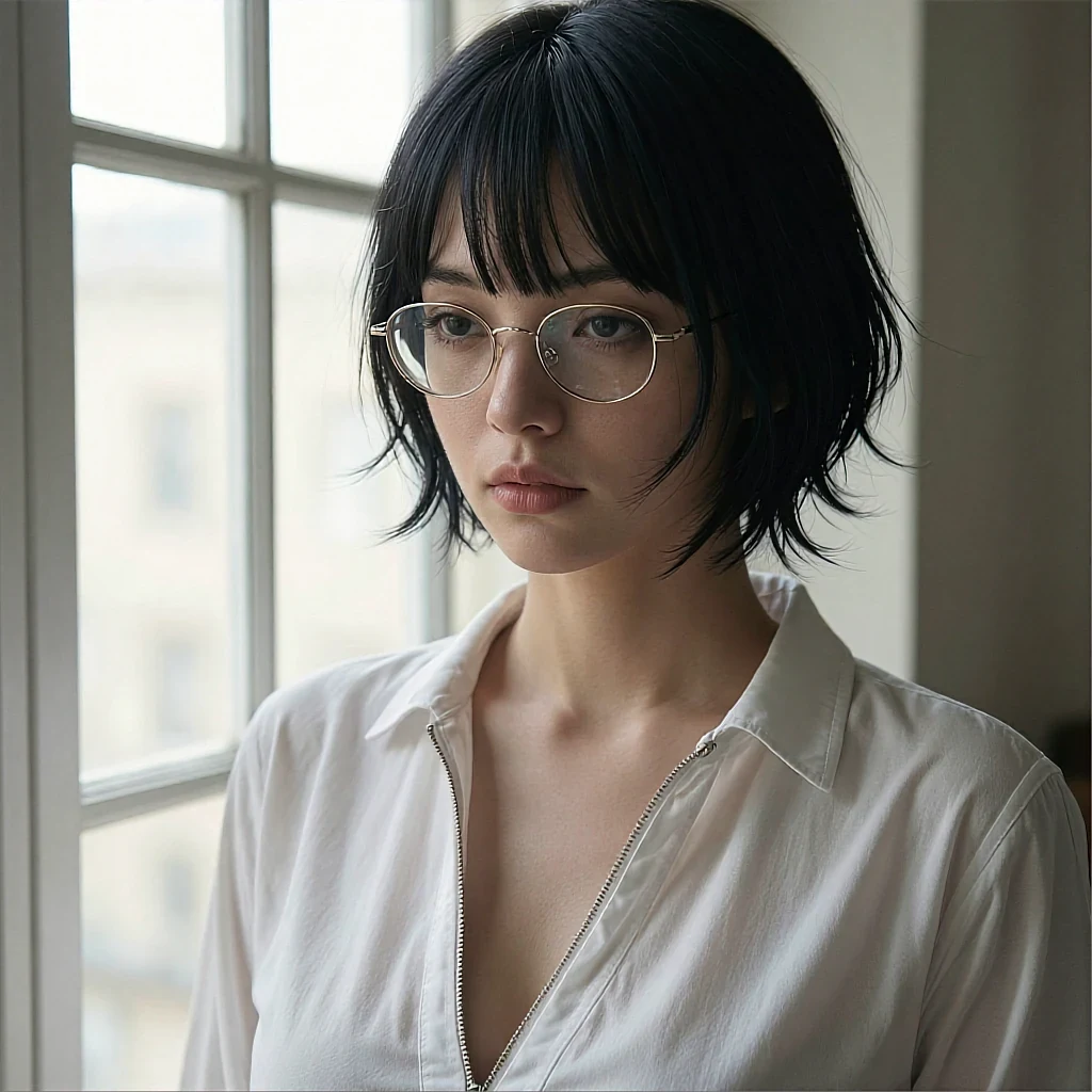 Short-haired companion with wire-rim glasses in a white zip shirt by a tall window